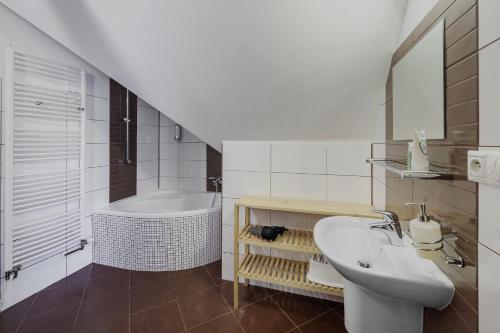 扬斯凯拉兹涅Horský dům OLYMPIA的浴室配有盥洗盆和浴缸。