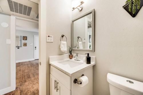 达拉斯Love for Dallas: Close to Deep Ellum & AAC!的白色的浴室设有水槽和镜子