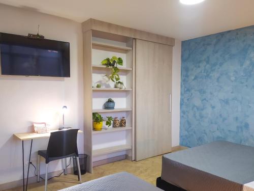 麦德林Neim Platinum Hotel的一间卧室配有一张床、一张书桌和一台电视。