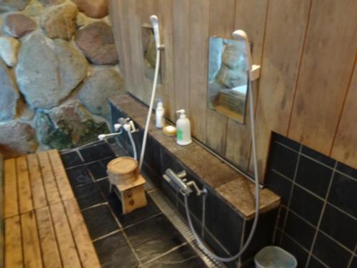 日光露盖特赛斯膳食公寓酒店的带淋浴的浴室和石墙