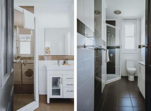 KorweingubooraThe Gums - Daylesford Region的两张带水槽和卫生间的浴室图片