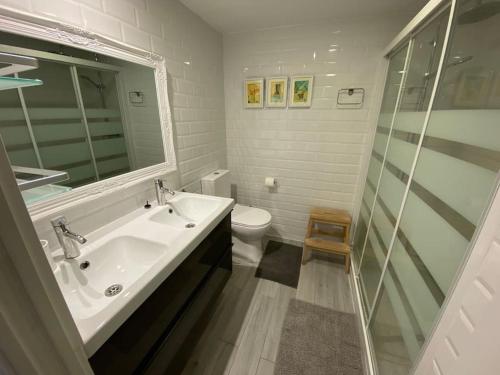 圣塞巴斯蒂安德洛斯雷耶斯Duplex acogedor y cómodo的一间带水槽、卫生间和镜子的浴室