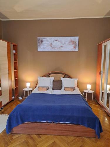 松博特海伊Széll 3 Apartman的一间卧室配有一张带蓝色毯子的大床