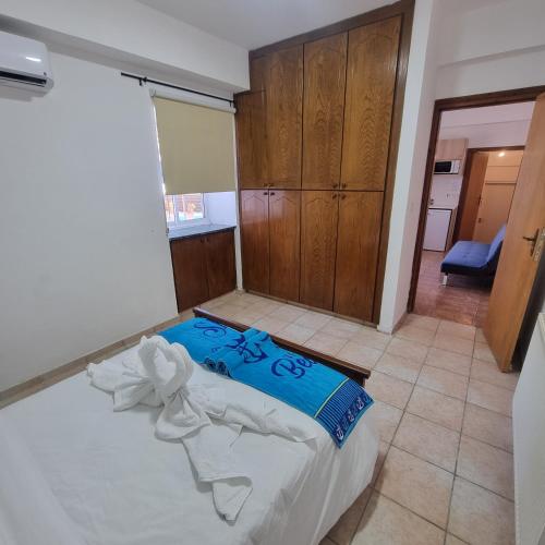 帕福斯Potamos Private Suites的一间带一张床铺的卧室,位于一个配有木橱柜的房间