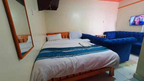 KikuyuLola's Nest along the Highway - Free Parking, Wifi, Netflix & Rooftop views的一间卧室配有一张床和一张蓝色的沙发