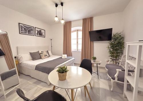 加的斯ISA Cádiz的卧室配有一张床和一张桌子及椅子