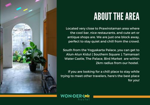 日惹Wonderloft Hostel Jogja的一张关于房子面积的传单,上面有一扇敞门