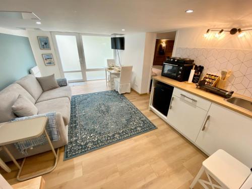 瑟堡Appartament Bel Air的带沙发的客厅和厨房