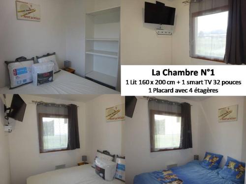 德沃吕伊Appartement 8-10 personnes SUPERDEVOLUY Hautes Alpes REZ DE CHAUSSÉE Vue panoramique 3 CHAMBRES的两张照片,一间房间配有一张床和电视