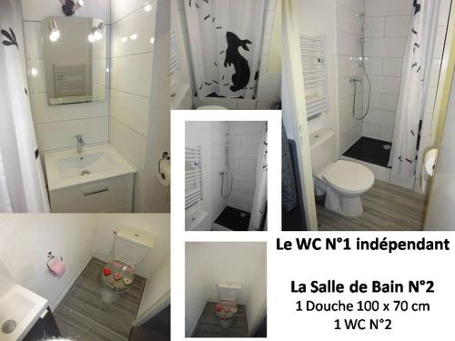 德沃吕伊Appartement 8-10 personnes SUPERDEVOLUY Hautes Alpes REZ DE CHAUSSÉE Vue panoramique 3 CHAMBRES的浴室三幅画的拼合