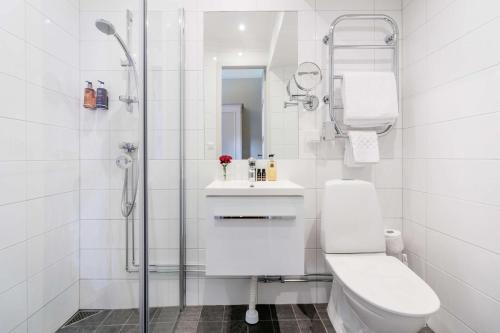 斯德哥尔摩Hotel Esplanade, BW Signature Collection的带淋浴、卫生间和盥洗盆的浴室