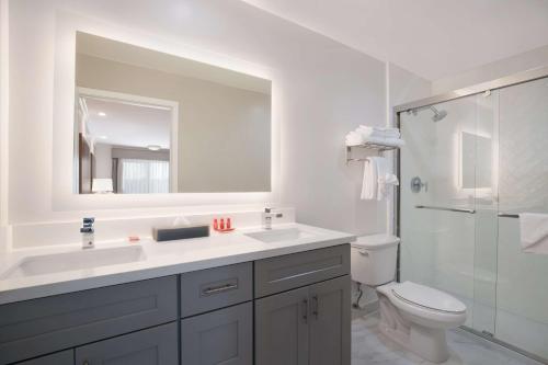 阿普兰SureStay Plus Hotel by Best Western Upland - Ontario North的一间带水槽、卫生间和镜子的浴室