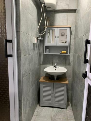 特马Lovely 1-bedroom rental unit for short stays.的一间带水槽和镜子的小浴室