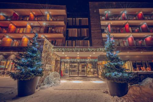 多尔尼莫拉瓦健康百事达酒店的建筑物前两棵圣诞树