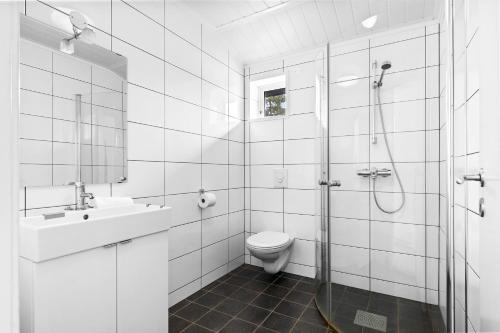 SvensrudTopcamp Onsakervika - Tyrifjorden的浴室配有卫生间、盥洗盆和淋浴。