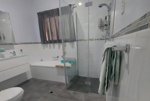 NoarlungaCascabelbnb Private 2BR apartment的带淋浴、卫生间和盥洗盆的浴室