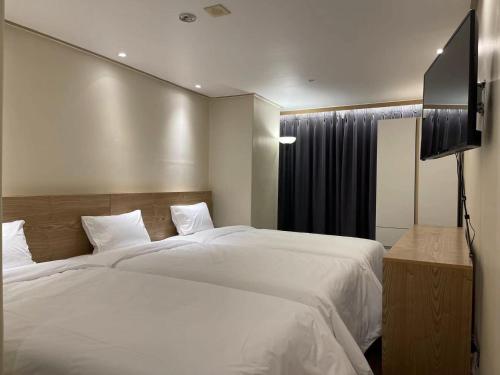首尔The garden hotel的一间卧室配有两张床和一台平面电视