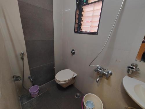 特里姆巴克Hotel Midtown Inn的一间带卫生间、水槽和镜子的浴室