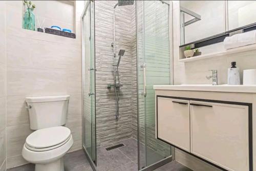 棕榈滩Bida Marino Residence Aruba的带淋浴、卫生间和盥洗盆的浴室