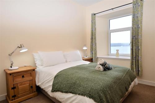 InnellanPedals and Paddles的一间卧室,配有一张带泰迪熊的绿毯床