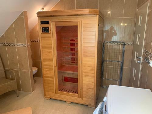 俄斯特拉发Apartmány City 2的木质橱柜,浴室设有卫生间