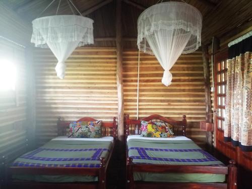 MasindiMurchison Backpackers的配有窗帘和吊灯的客房内的两张床