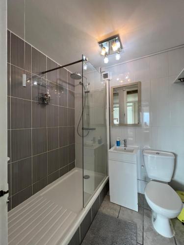 伦敦Amazing view 2 bedroom in Abbey Road的带淋浴、卫生间和盥洗盆的浴室