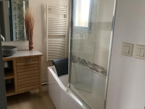 拉罗谢尔Joli appartement 50 m2 classé 3 etoiles avec terrasse et jardin的带淋浴和浴缸的浴室