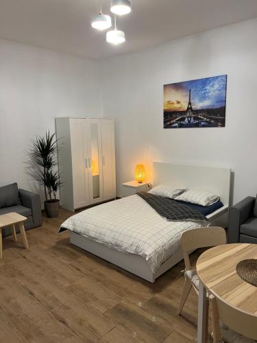 卡托维兹Paris Apartments的卧室配有一张床和一张桌子及椅子