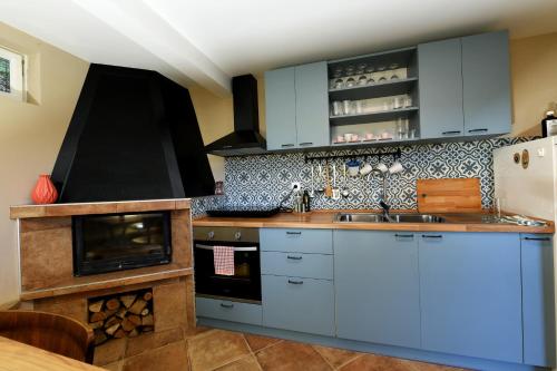 拉科维察Apartmani Zagi的厨房配有蓝色橱柜和炉灶。