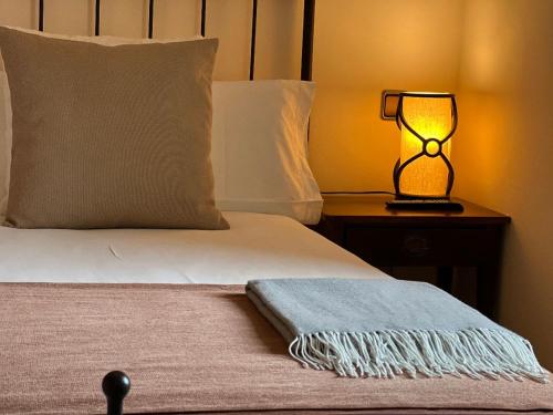塞尔塞迪利亚Corzo Hotel的床上配有枕头,床头柜上配有灯