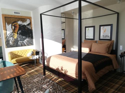 克莱蒙费朗Monts Dôme的一间卧室配有天蓬床和镜子