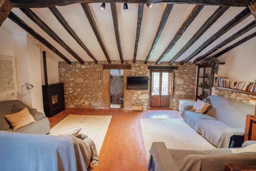 Vall de BianyaCasa Rural El Callís的客厅配有家具和石墙