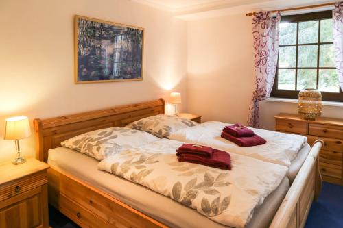 波茨坦VILLA LILIA - das charmante Ferienhaus am See in Potsdam的一间卧室配有一张带两个红色枕头的床