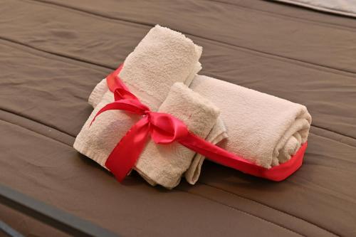 卡普阿B&B a Capua - I PORTICI del centro的床上一双带红丝带的毛巾