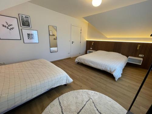ZoutleeuwVakantieappartement Logies Terhagen的酒店客房,设有两张床和镜子
