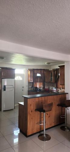 罗索vacation home的厨房配有木制橱柜和带酒吧凳的台面。