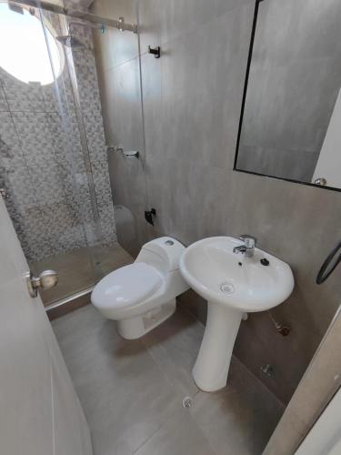 卡马纳Departamentos en Camaná的浴室配有卫生间、盥洗盆和淋浴。