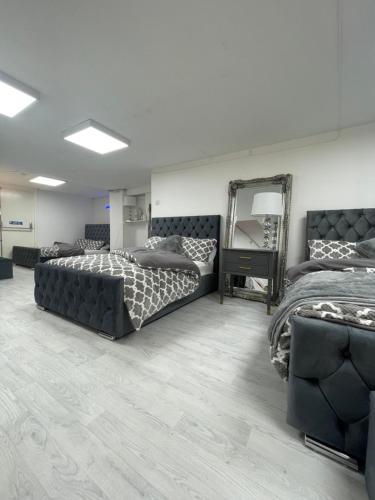 卡迪夫Cwtch Cardiff Bay的一间卧室配有两张床和镜子