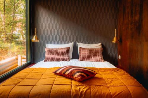 宁斯佩特Coco’s Buitenhuisje的一张带两个枕头的床和窗户