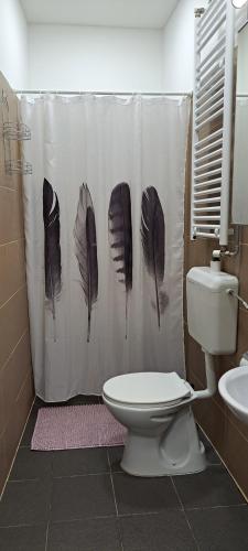 布达佩斯Sweet 16 Apartment in the Party District的浴室设有淋浴帘和羽毛