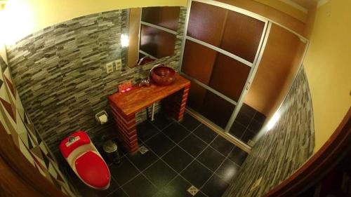 乌尤尼Hotel REY DAVID的享有带红色卫生间和水槽的浴室的景色