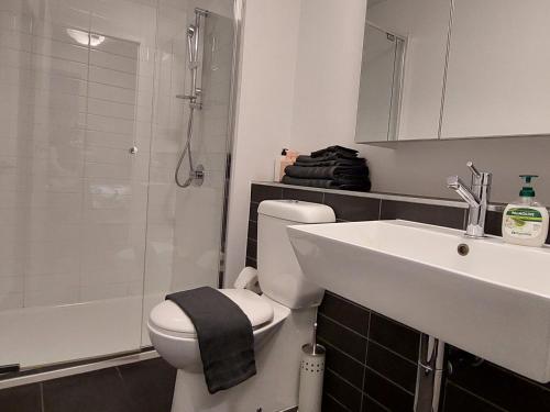 墨尔本CBD Modern 2B2B Apt, Indoor Pool Sauna, Nice view的浴室配有卫生间、盥洗盆和淋浴。