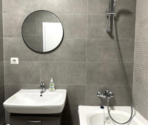普洛耶什蒂Mrs Smart Luxury Apartament的浴室配有盥洗盆和带镜子的淋浴