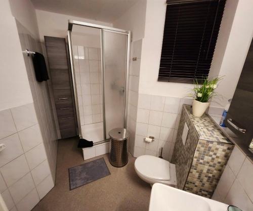 多特蒙德Komfortable Ferienwohnung Auf dem Höchsten的一间带卫生间和淋浴的小浴室