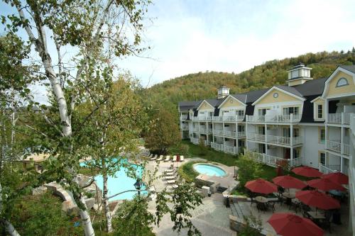 蒙特朗布朗博瓦隆城堡酒店的享有带游泳池的度假村的空中景致