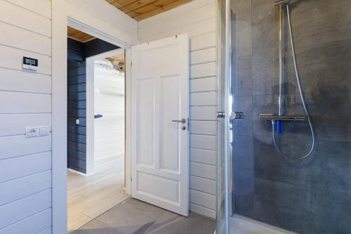 塞尔福斯Blue Viking Luxury Cabin的带淋浴的浴室和玻璃门