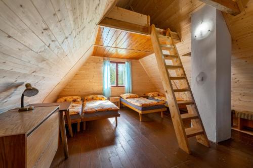 Malý RatmírovChatový tábor Malý Ratmírov的一间设有两张床的客房,小屋内设有楼梯
