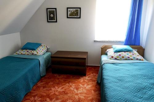 索斯诺夫卡Ranczo Spełnionych Marzeń的一间卧室设有两张床、一张桌子和一个窗口