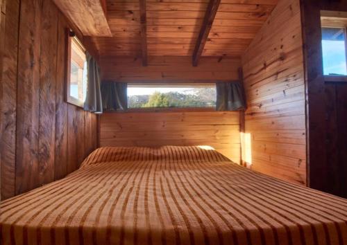 圣卡洛斯-德巴里洛切Calida Mini Casa的木制客房内的一张大床,设有窗户